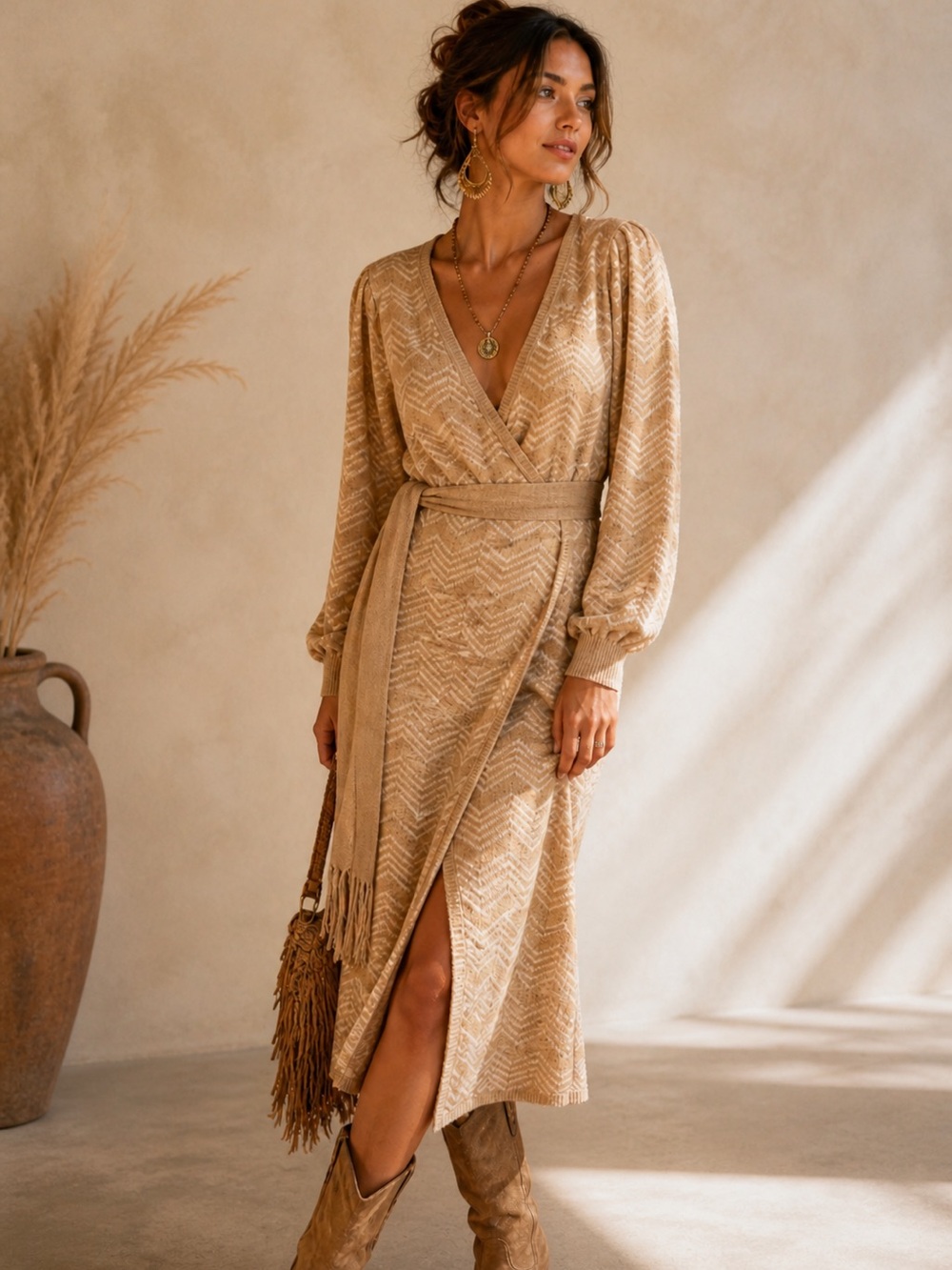 House of Harlow 1960 x Revolve Camel Ivory Marisol Wrap Sweater Dress Small